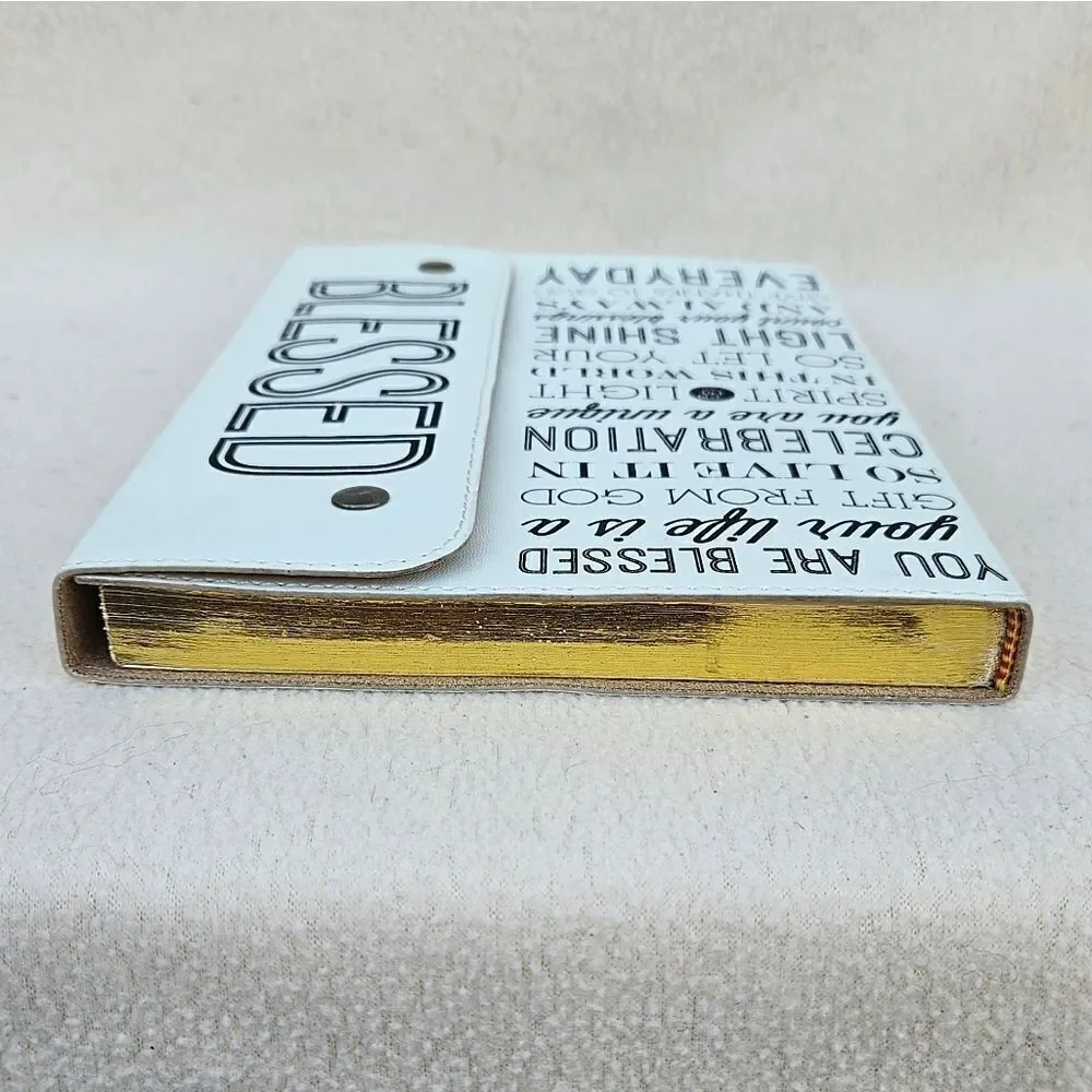 Blessed White and Black Snap Front Faux Leather Notebook